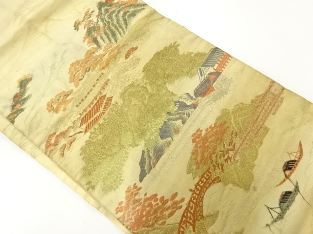 JAPANESE KIMONO / ANTIQUE NAGOYA OBI / SILK / WOVEN TREES & SCENRY OF MANSIONS